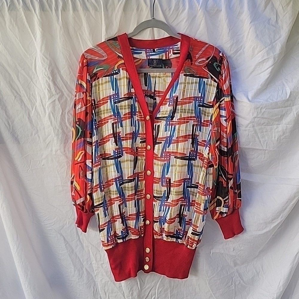 Vintage Mayeelok button front printed sheer blouse